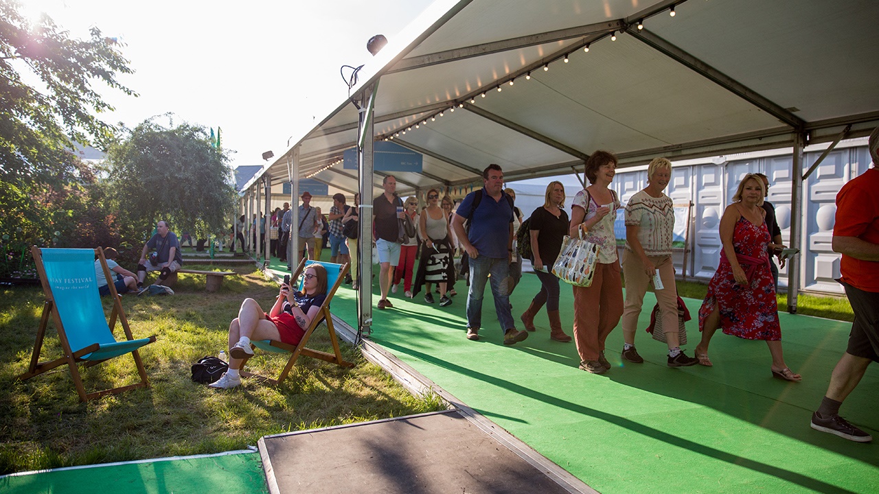 Pedestrians on the Hay Festival site