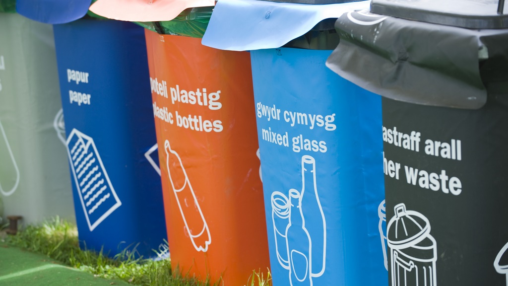 Recycling bins on Hay Festival site