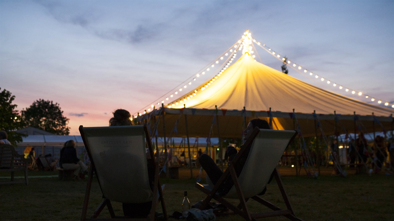 Hay Festival site lit up at night