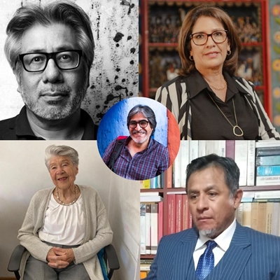 Víctor Condori, Fiorella Quintanilla, Patricia Roberts and Julio Villanueva Chang talk to Omar Zevallos