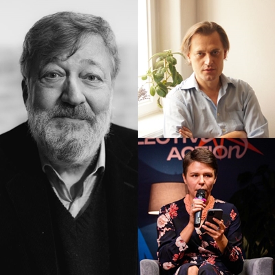 Stephen Fry & Yurko Prokhasko with Kateryna Mikhalitsyna Stephen Fry & Yurko Prokhasko with Kateryna Mikhalitsyna